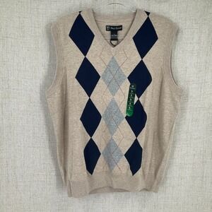 Pro Tour Sweater Vest MEN Large Beige Cotton Argyle V-Neck‎ Classic Preppy NEW